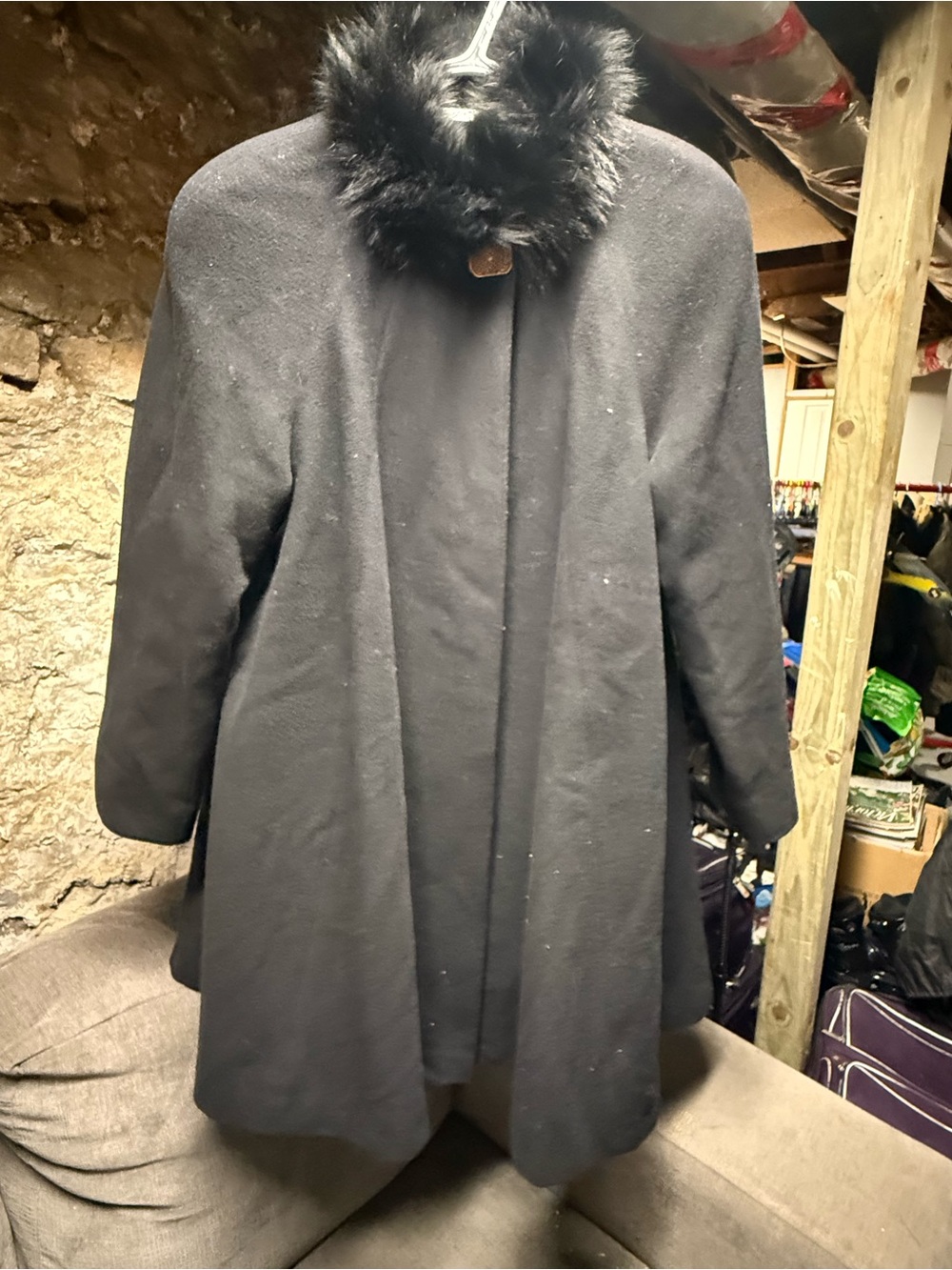 Women's Black Wool-Blend Coat with Faux Fur Collar